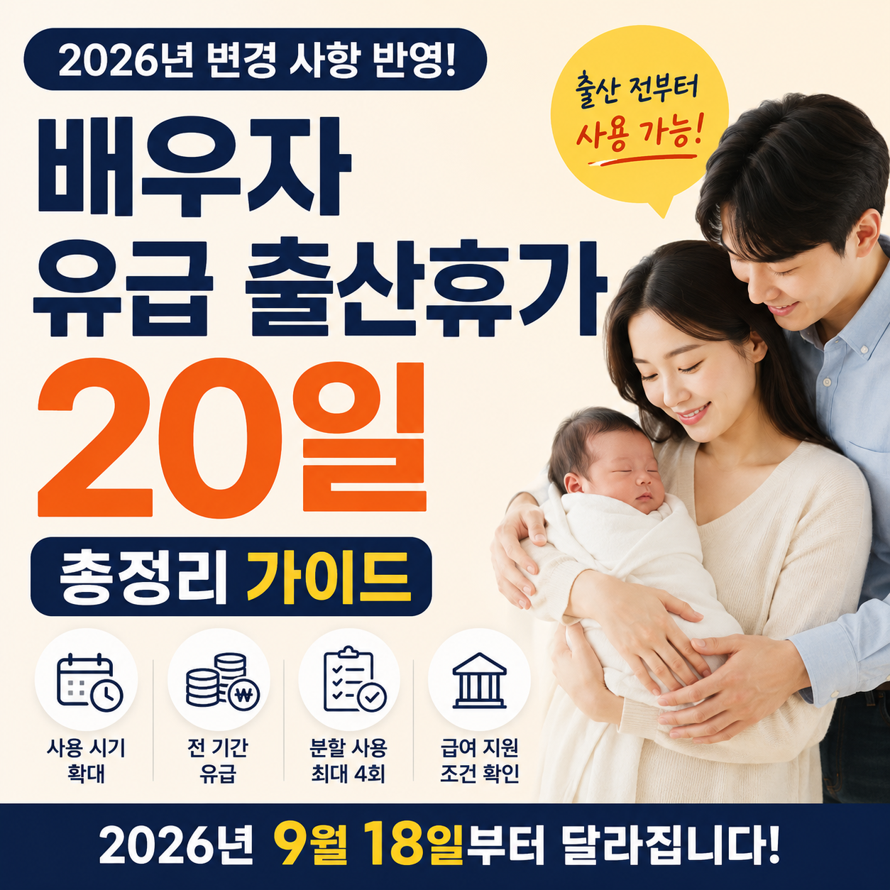 배우자 유급 출산휴가 20일, 2026년 사용 시기와 급여 조건 총정리