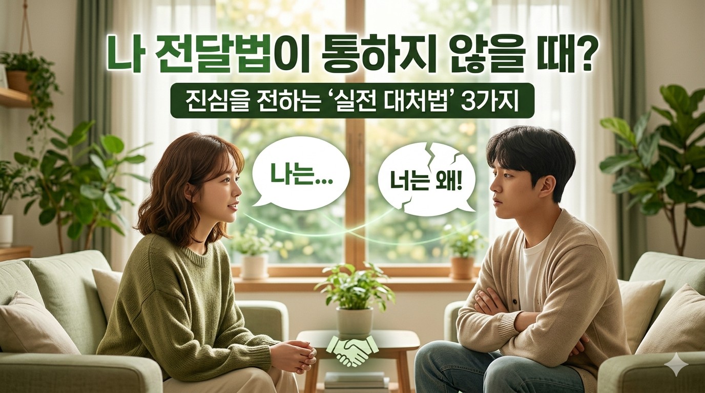 나 전달법이 통하지 않을 때 발생하는 대화 갈등 상황을 보여주는 이미지