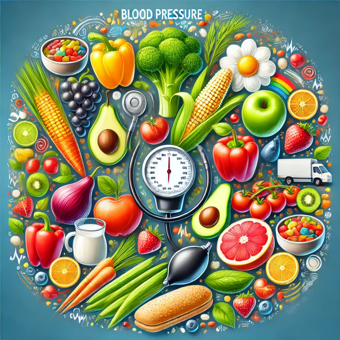 혈압 관리를 위한 건강한 식습관을 나타낸 과일과 채소 이미지