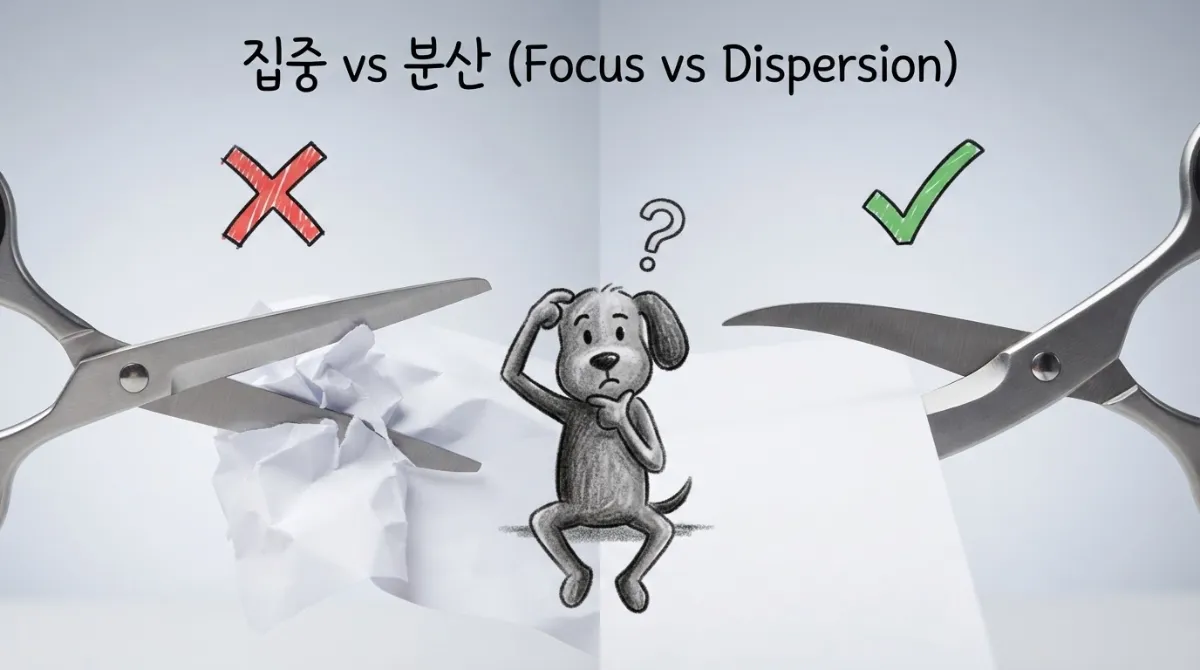 평평한 가위 날은 종이를 눌어 끼이게 하고 휜 가위 날은 한 점에 힘을 집중해 깔끔하게 자르는 원리를 비교하는 일러스트