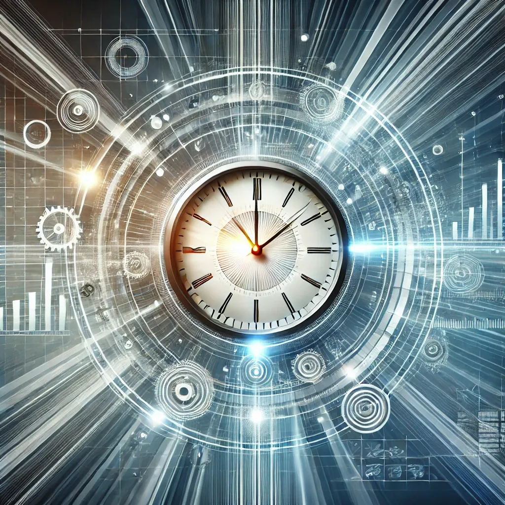 생산성과 창의성을 상징하는 미래적 추상 이미지, 중심에 빛나는 시계