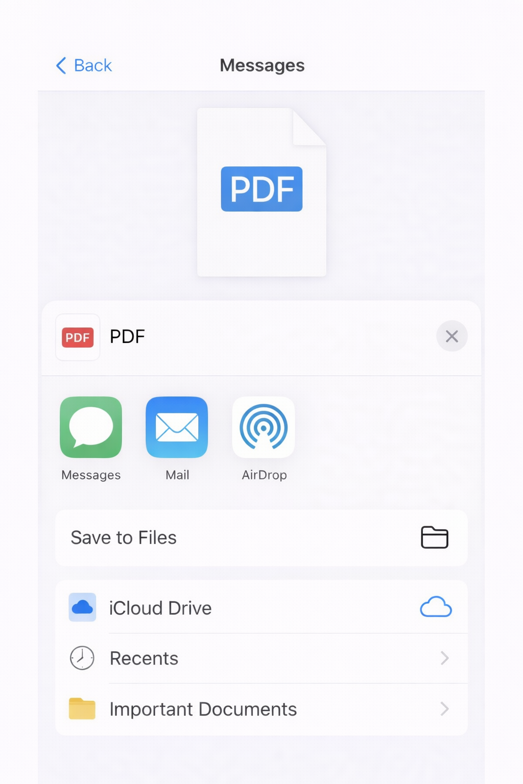 카카오톡 메시지에서 PDF 첨부파일을 파일 앱 iCloud Drive로 저장하는 과정 설명 이미지