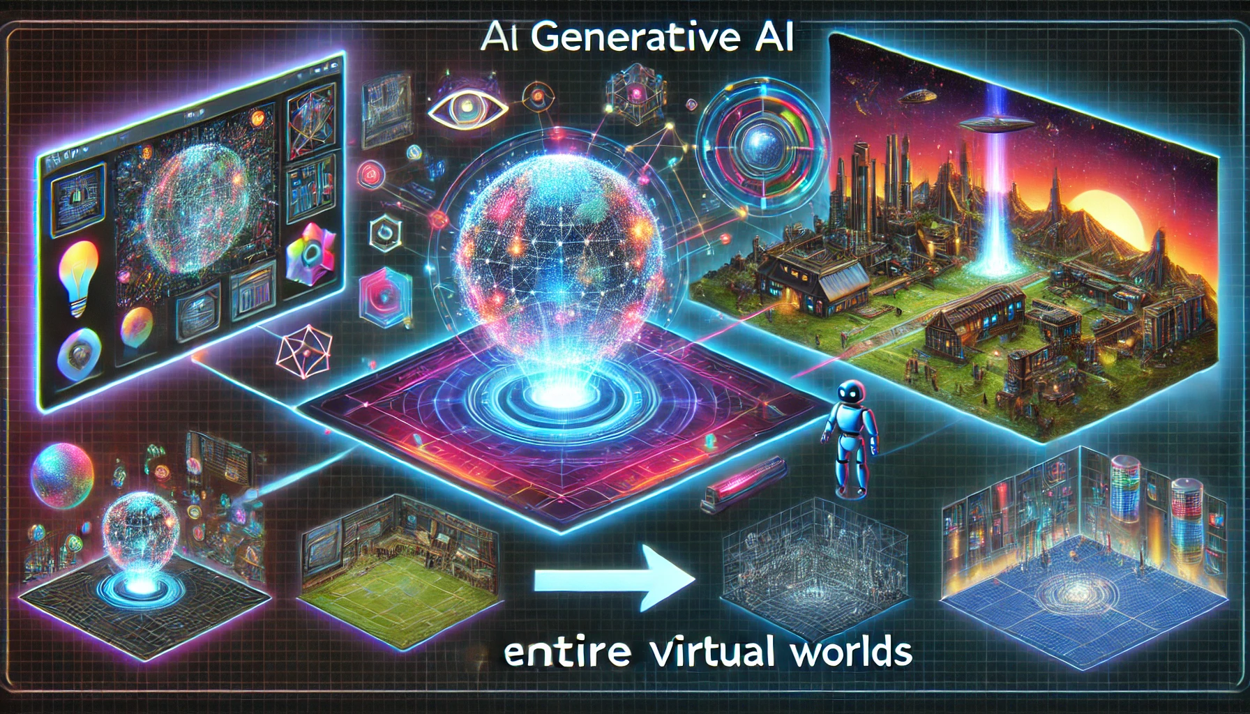 생성형 가상 플레이그라운드의 개념을 시각적으로 풀어낸 장면