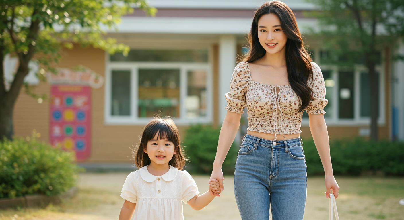 딸과 등원하는 여성