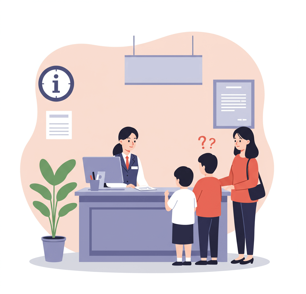 안내 데스크에서 부모가 질문하는 장면 1