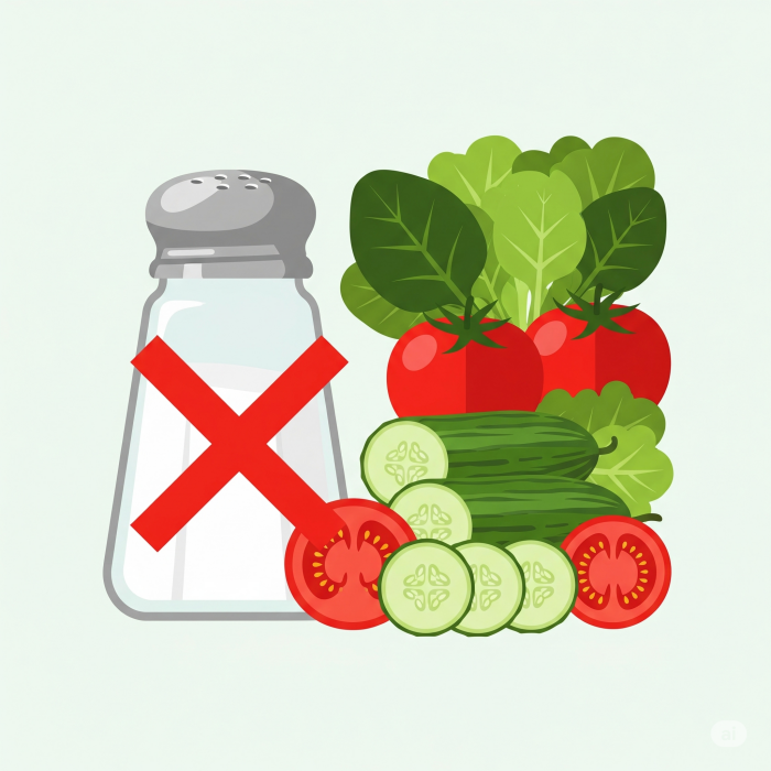 소금통과 채소를 나란히 배치해 놓고, 소금통에는 빨간색으로 엑스표시가 되어 있는 이미지