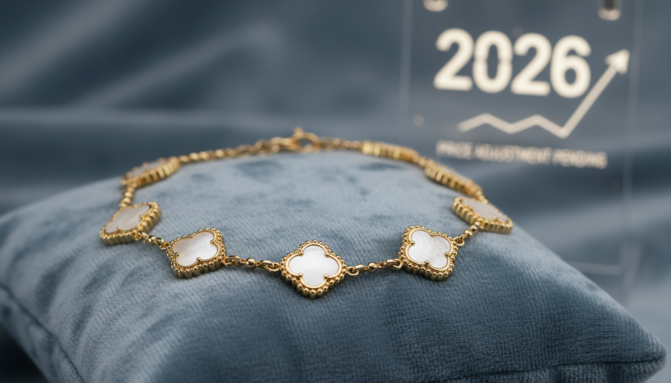 화이트 마더 오브 펄이 돋보이는 반클리프 아펠 빈티지 알함브라 목걸이가 고급스러운 블루-그레이 벨벳 위에 놓여 있고, 배경에는 가격 인상을 암시하는 상승하는 그래프와 '2026'이라는 숫자가 흐릿하게 보인다.