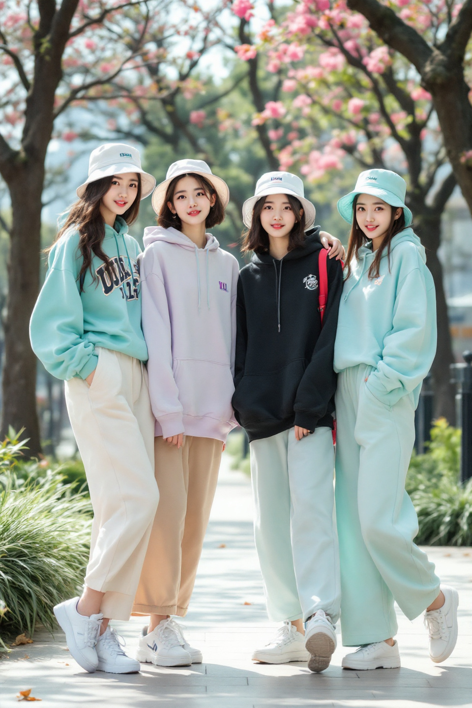 화창한 봄날 캠퍼스에서 여학생 4명이 봄 스포츠 웨어를 입고 모델 포즈를 취하고 있는 이미지