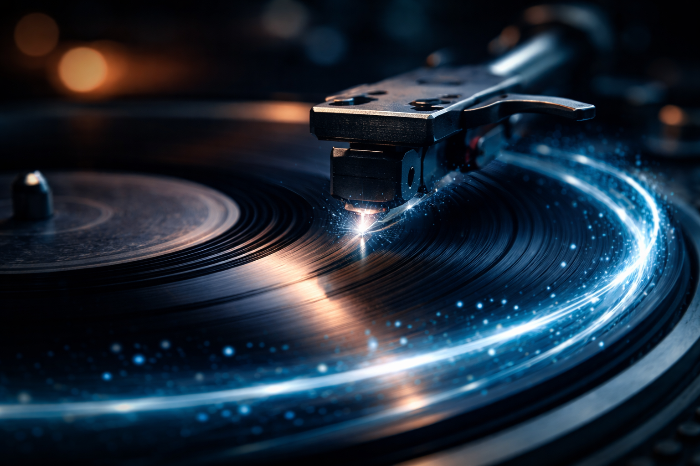 아날로그적 감성과 악기 연주 중심의 긴 도입부 부활을 상징하는 LP 플레이어 이미지.