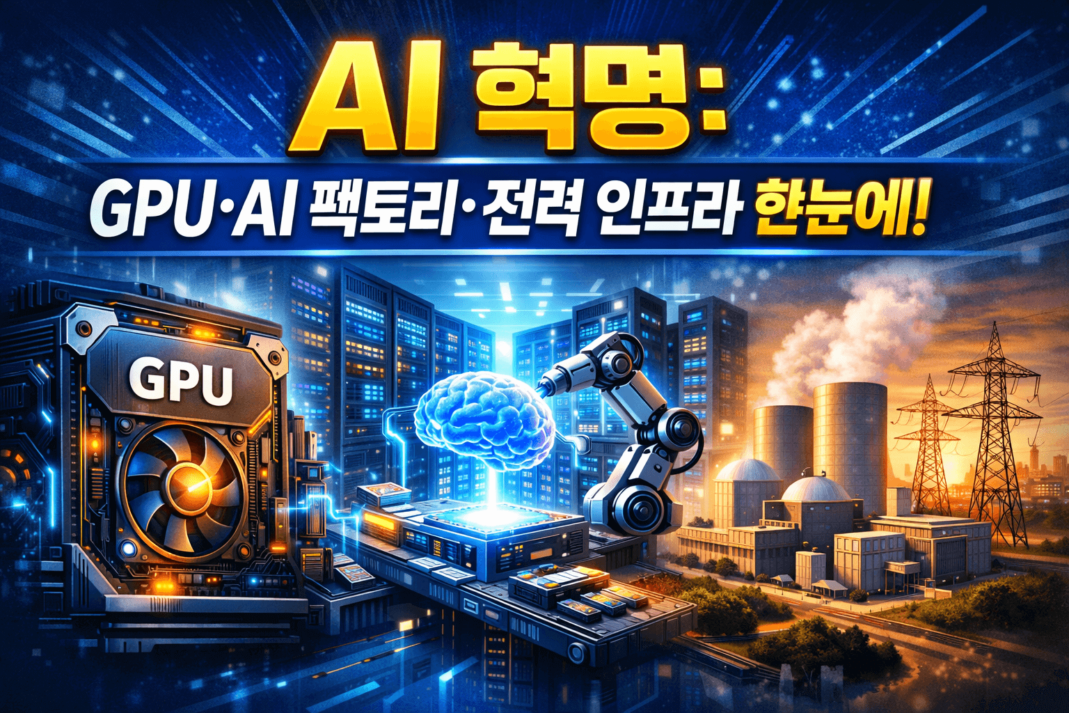 AI 혁명을 주제로 한 썸네일 이미지, GPU와 AI 팩토리, 전력 인프라 강조