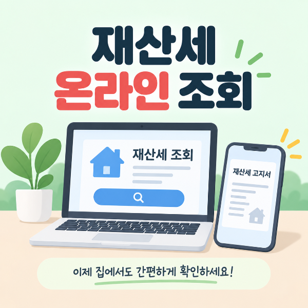 노트북과 스마트폰으로 재산세를 온라인 조회하는 방법을 안내하는 이미지