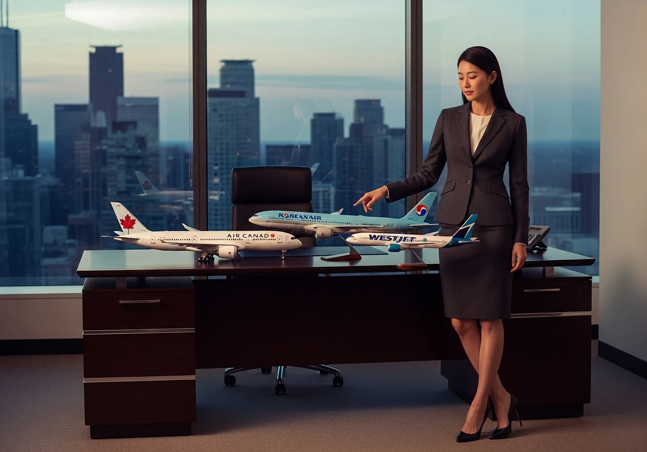 세련된 오피스에서 젊은 한국인 여성이 책상 위에 놓인 에어캐나다, 대한항공, 웨스트젯의 모형 비행기를 보며 신중하게 선택하고 있다