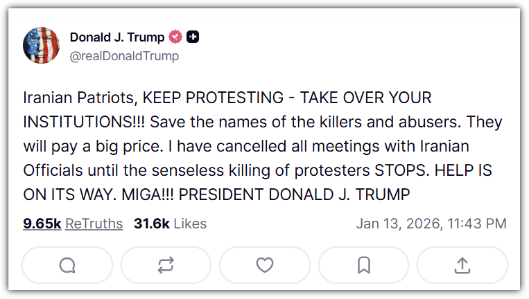 트럼프 트루스 소셜에서 이란 시위대 메시지 발표