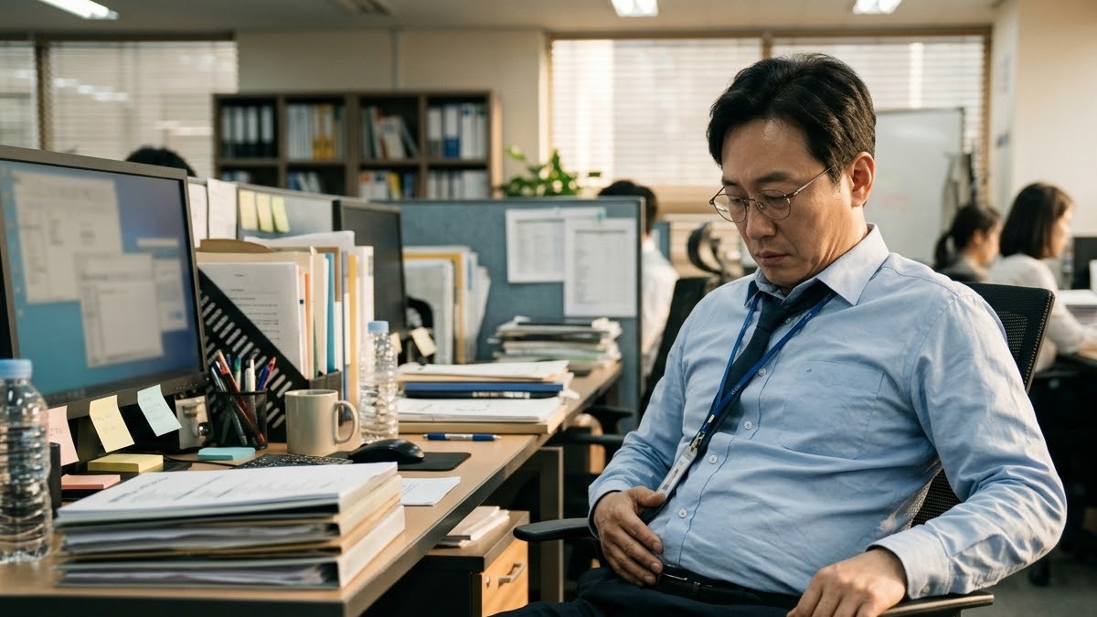 사무실에서 셔츠 위로 배를 내려다보며 한숨 쉬는 직장인