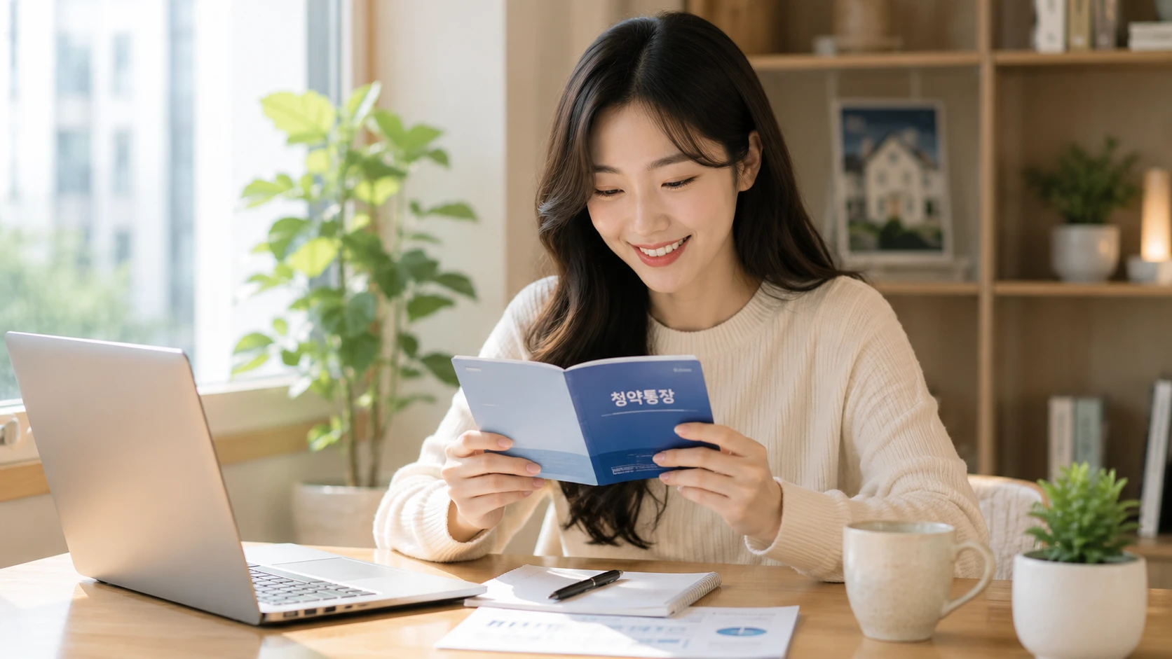 청년주택드림청약통장 가입을 준비하며 금융서류와 청약통장을 확인하는 젊은 여성 모습