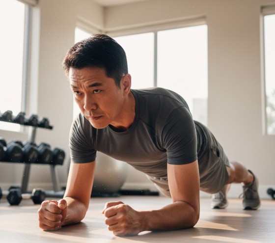40대 남성이 코어 운동 프랭크를 하고 있는 모습