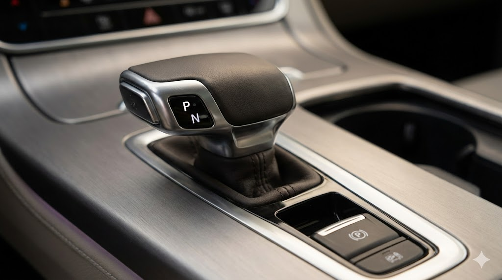 자동차 실내 센터 콘솔에 위치한 전자식 기어 변속 레버(P, N단 표시)와 전자식 파킹 브레이크 버튼을 클로즈업하여 보여주는 사진.