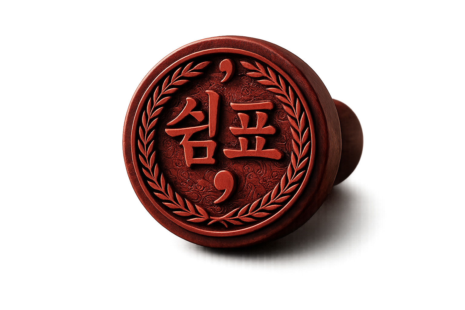 쉼표라는 글자가 새겨진 붉은 원목 인장 이미지. 따뜻한 나무 질감과 전통적인 문양 월계수 잎이 어우러진 감성적인 작가 서명 디자인.