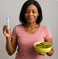 위고비와 샐러드&amp;#44; 건강한 식단과 병행하는 여성