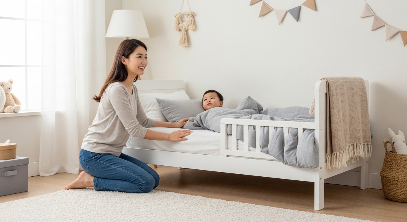 깨끗하고 모던한 아기 방에서 한국인 엄마가 아이의 독립적인 수면을 격려하며 침대를 정돈하는 모습.