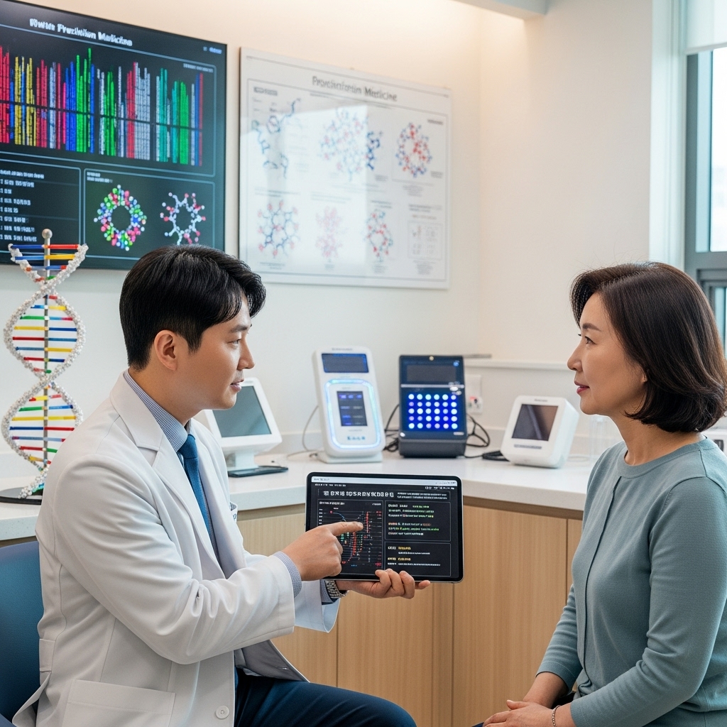 a modern precision medicine consultation room in a South Korean hospital