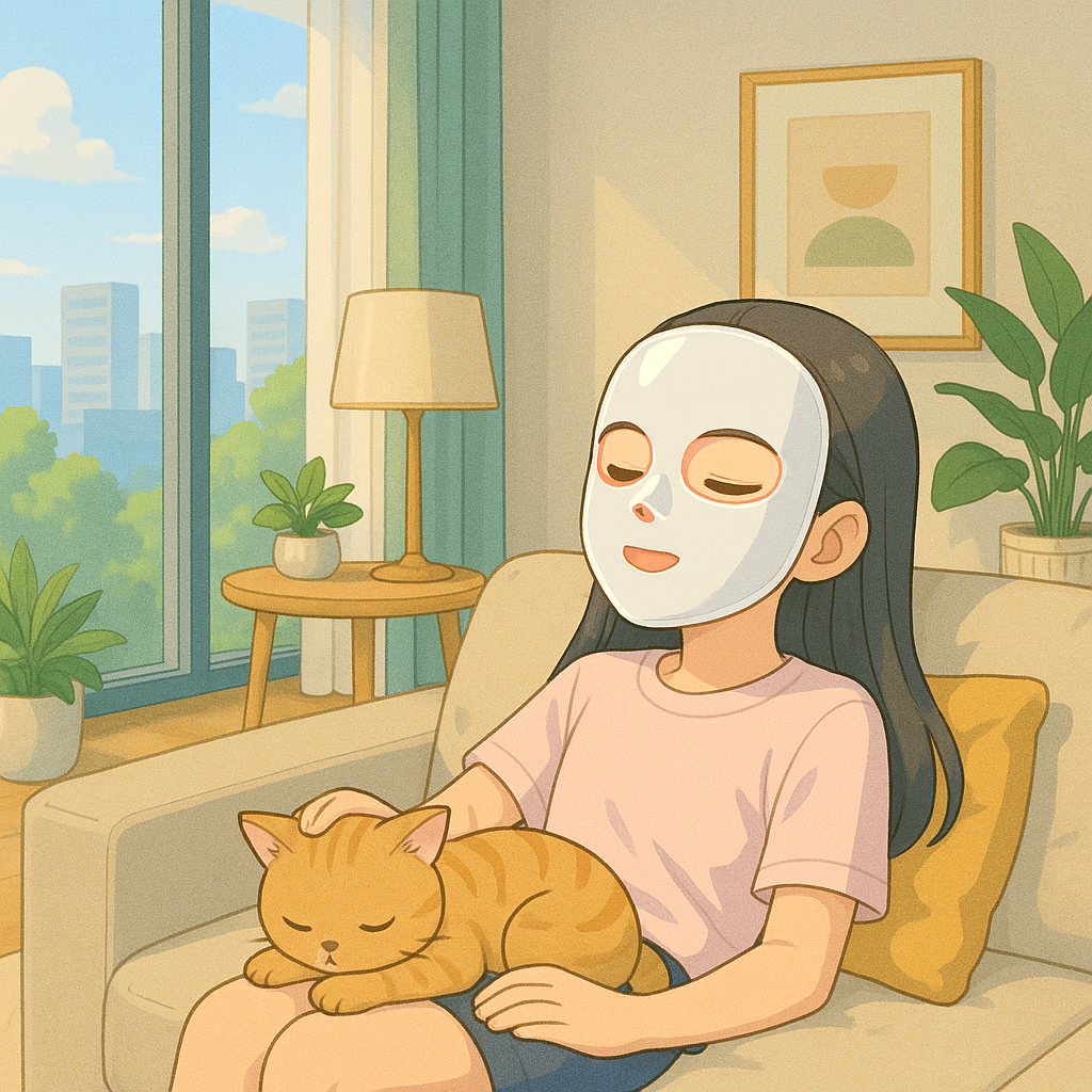 가정에서 LED 마스크를 착용하고 고양이와 함께 휴식 중인 여성, 창밖 풍경과 실내 식물, 홈케어 분위기