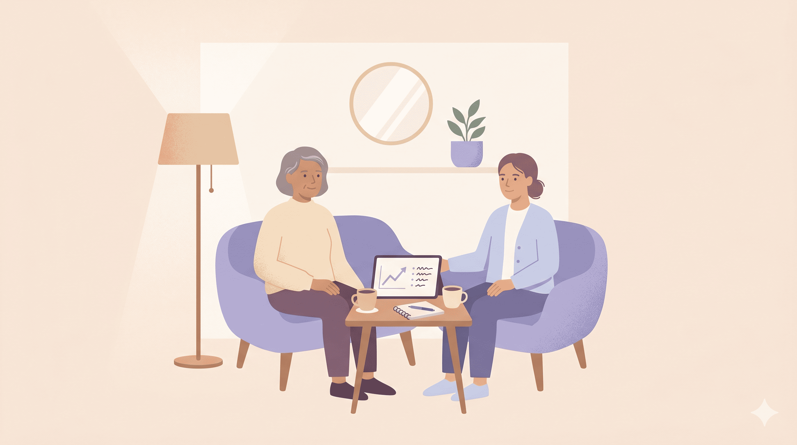 주간 1:1 미팅과 역멘토링을 통해 30대 팀장과 Z세대 팀원이 수평적으로 피드백을 나누는 일러스트