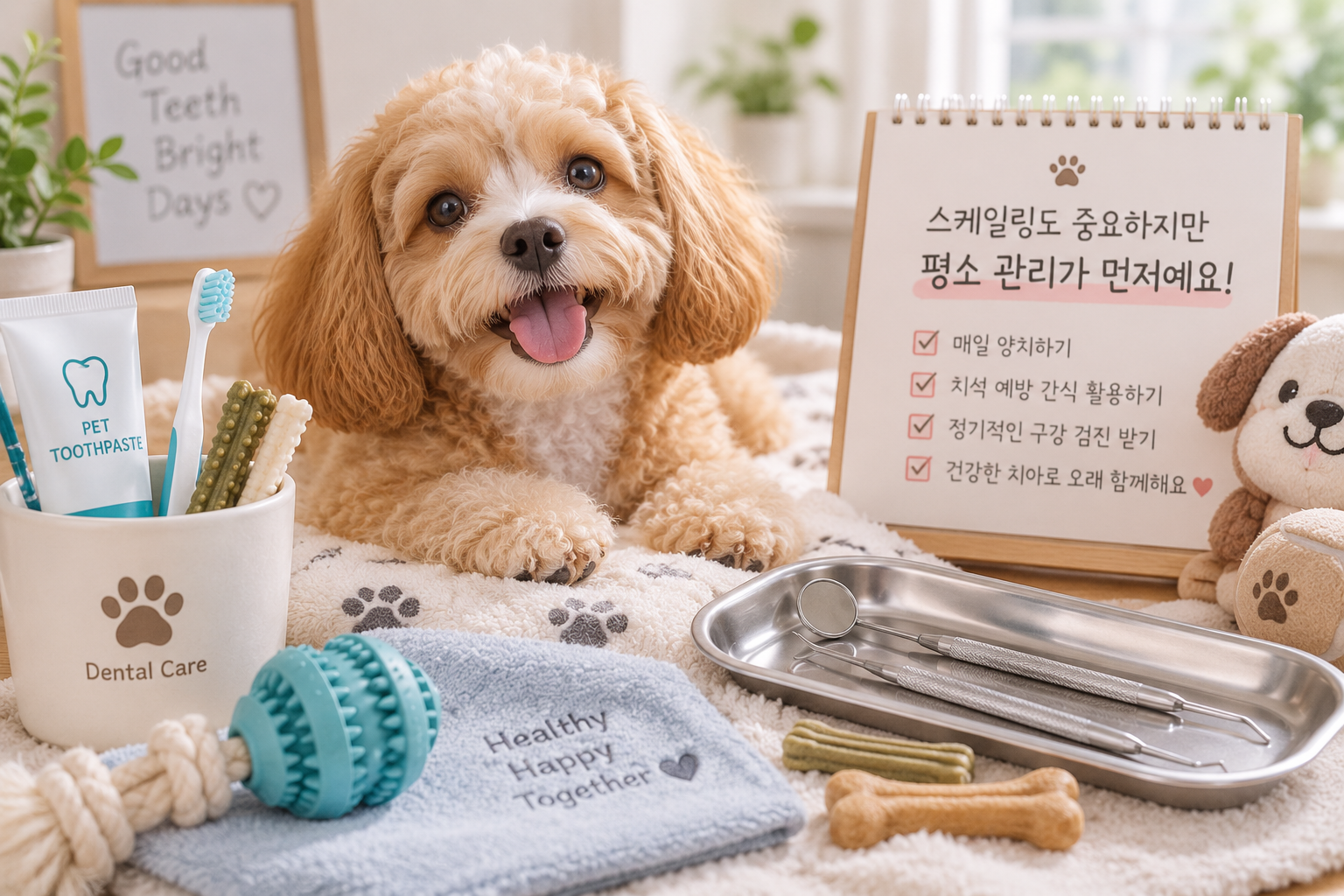 강아지 스케일링과 양치,구강 관리, 정기적인 치아 검진이 중요하다는 내용을 표현한 AI 이미지