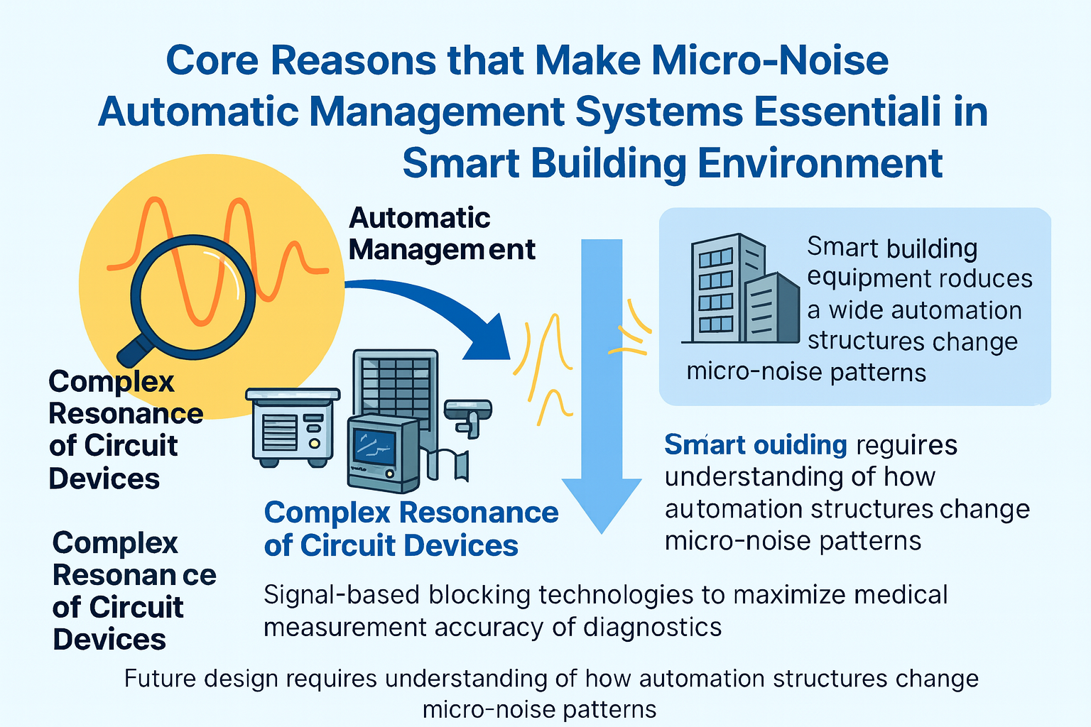 스마트 빌딩의 복합 자동화 구조는 미시소음을 증폭시키며, 이는 단순한 소음 문제가 아니라 건물 전체의 구조적 변수로 작용한다는 점을 보여주는 이미지