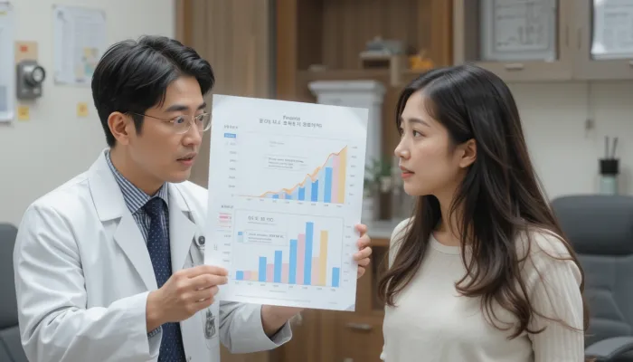 유방암 3기 생존율을 설명하는 차트를 보고 있는 여성의 모습