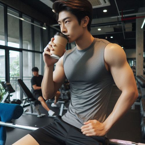 헬스장에서 운동을 시작하기 전 커피를 마시는 남성