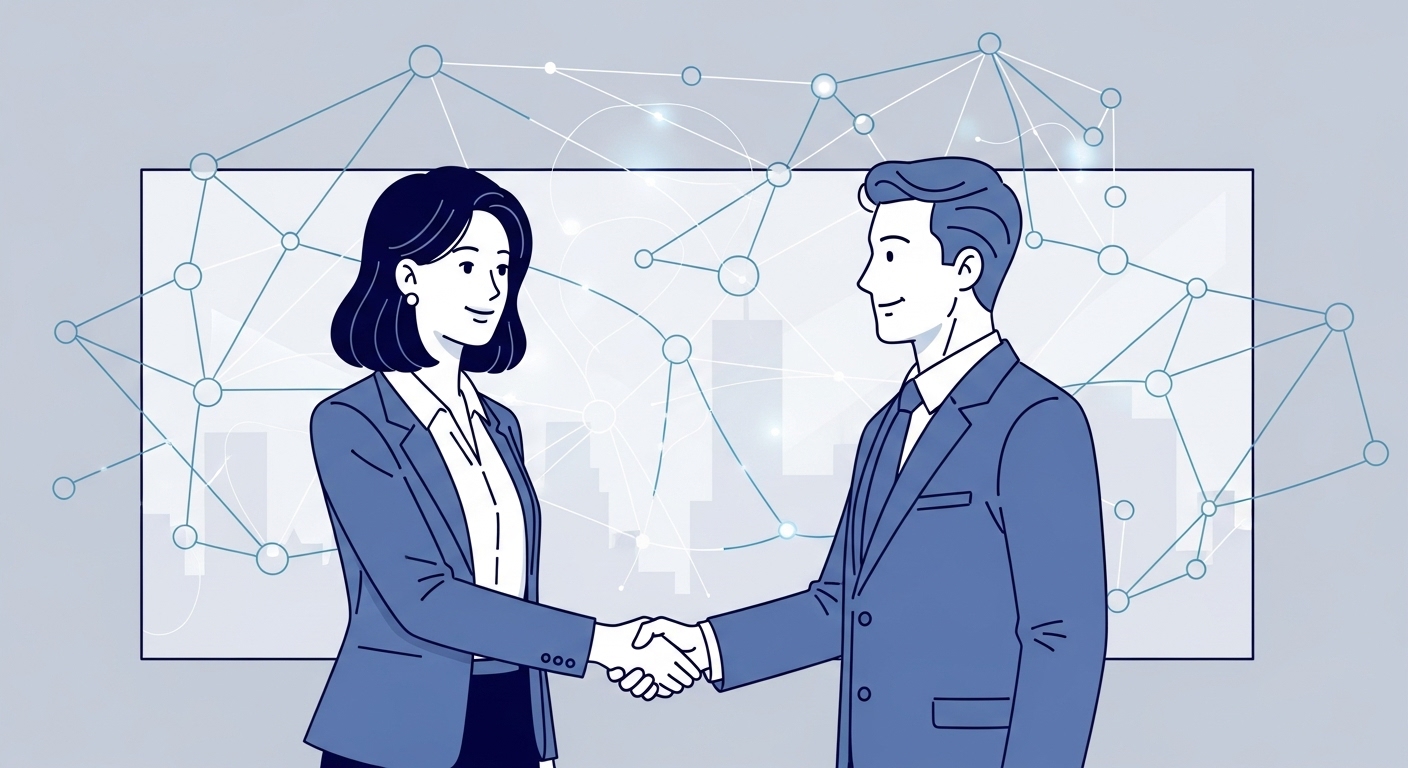 직업 박람회에서 고용 담당자와 자신감 있게 악수하며 네트워킹하는 여성, 적극적인 구직 활동과 연결을 상징