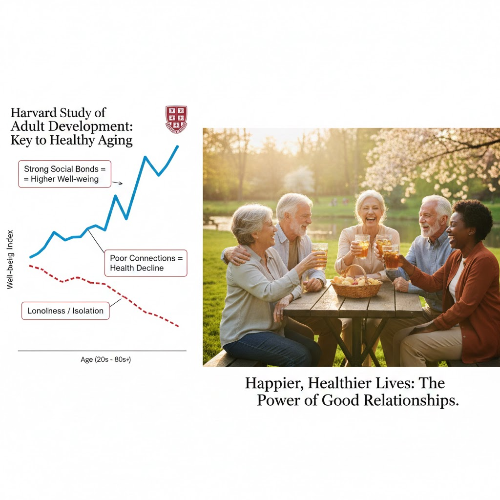 하버드 대학교 연구팀이 발표한 '성인 발달 연구' 결과 그래프와 행복한 노년을 보내는 사람들의 모습.