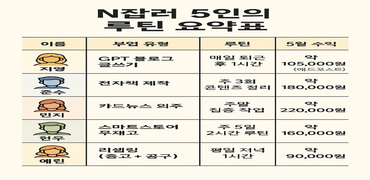 “GPT 글쓰기, 전자책 제작, 카드뉴스 외주, 스마트스토어 무재고, 리셀링 부업을 실천한 5명의 N잡러 사례 – 루틴과 5월 수익을 비교한 표 형태 인포그래픽”