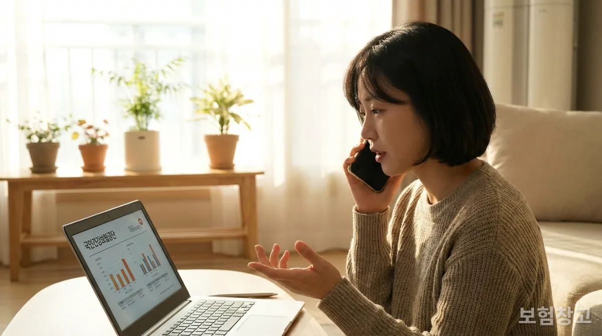 건강보험 임의계속가입에 대해 전화 상담하는 한국 여성