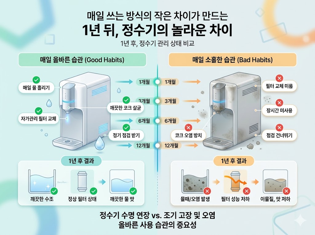 정수기 사용 습관에 따라 관리 상태가 달라지는 모습을 보여주는 비교 이미지