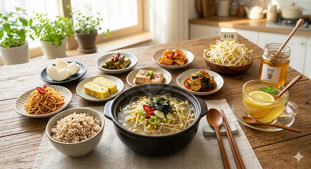 천연 숙취 해소 음식인 꿀과 콩나물을 활용한 건강 식단 이미지.