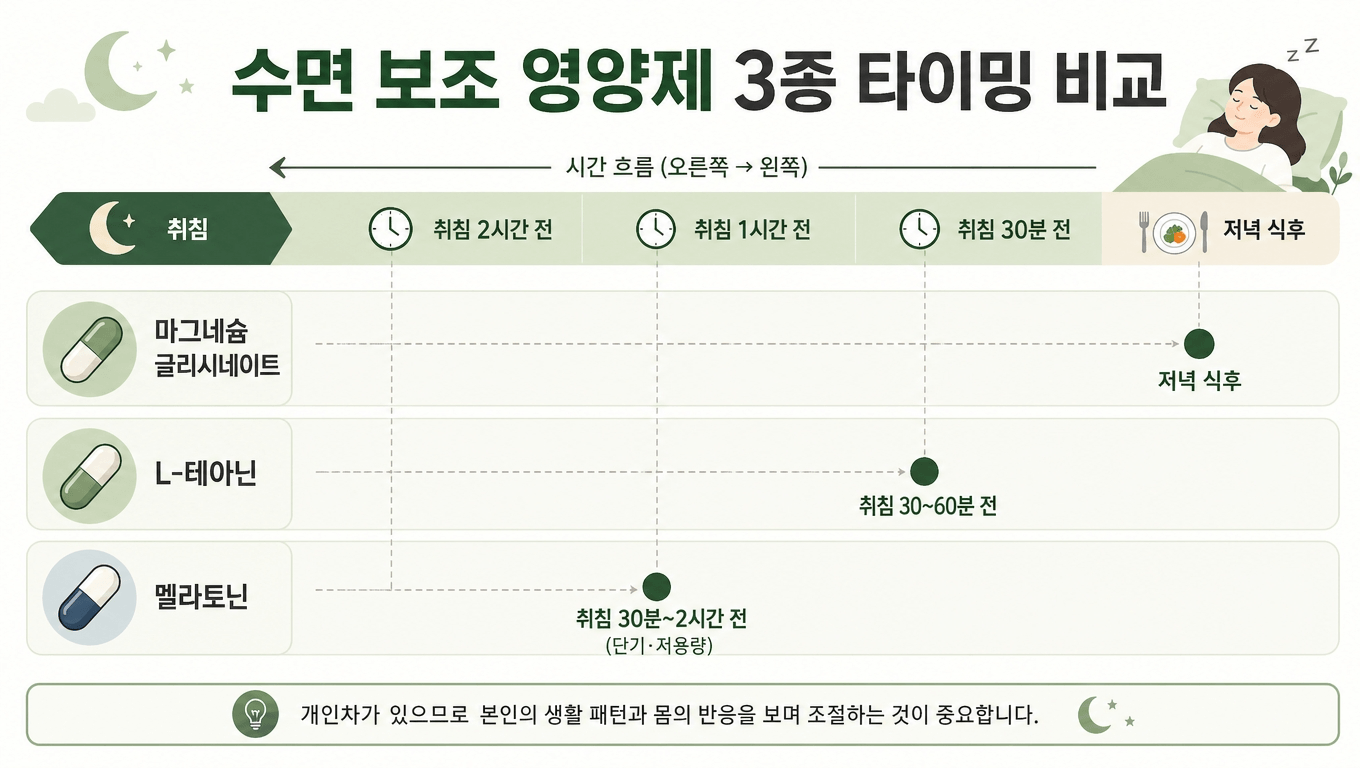 마그네슘·L-테아닌·멜라토닌 3종 복용 타이밍 비교 인포그래픽