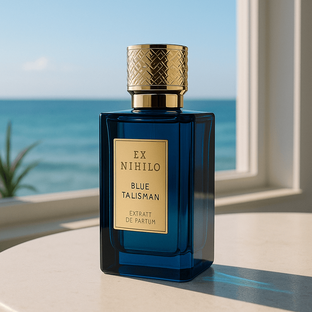 대리석 테이블 위에 놓인 엑스니힐로 블루 탈리스만 향수, 짙푸른 유리 보틀과 금빛 디테일이 아침 햇살을 받아 반짝이며, 창밖으로 푸른 바다와 맑은 하늘이 어우러져 고급스러운 분위기를 자아내는 장면