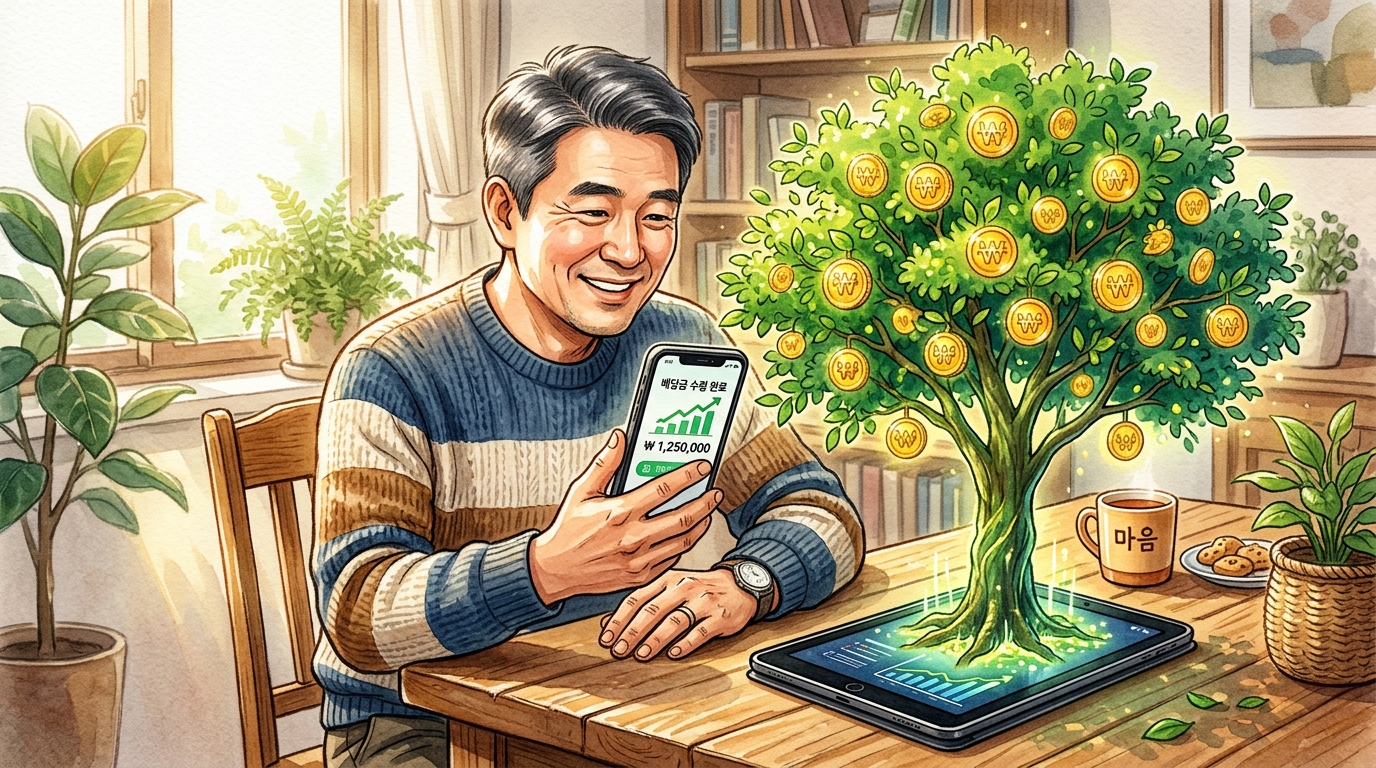 스마트폰을 보며 4월 배당금을 재투자하여 성장하는 배당나무를 시각화한 모습.