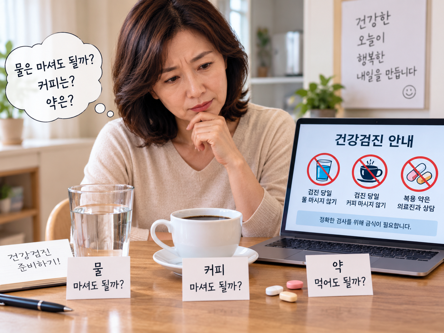 건강검진 당일 물과 커피를 앞에 두고 금식 여부를 확인하는 사람