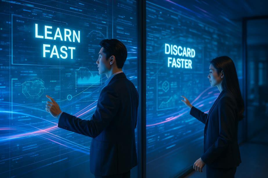 홀로그램 화면을 빠르게 넘기며 기술을 습득하는 장면.