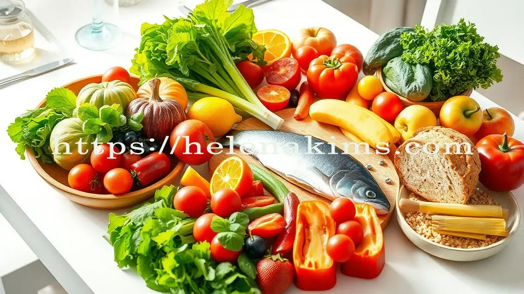 등푸른 생선, 싱싱한 과일과 채소, 통밀빵 등 고혈압 & 당뇨에 좋은 음식들의 모습.