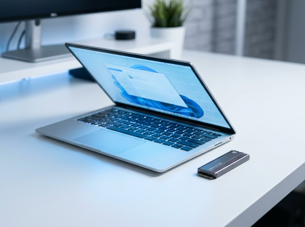 alt="SSD 업그레이드 — 노트북 옆에 놓인 NVMe SSD 드라이브, 깔끔한 화이트 테크 제품 사진"