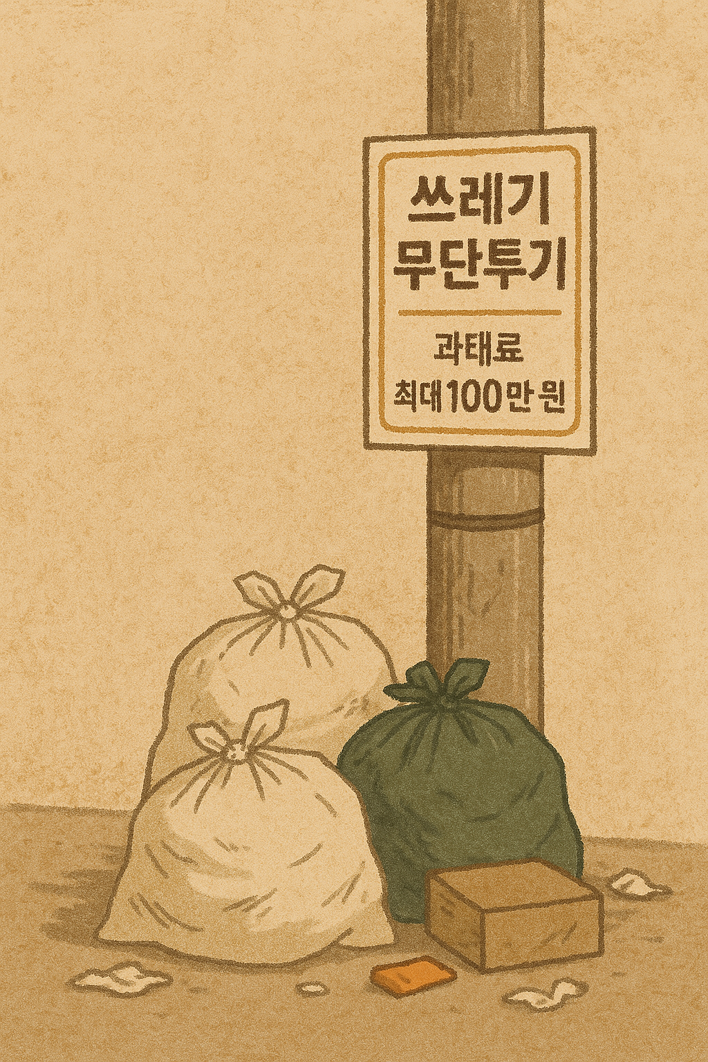 전봇대아래 쓰레기 무단투기된 이미지