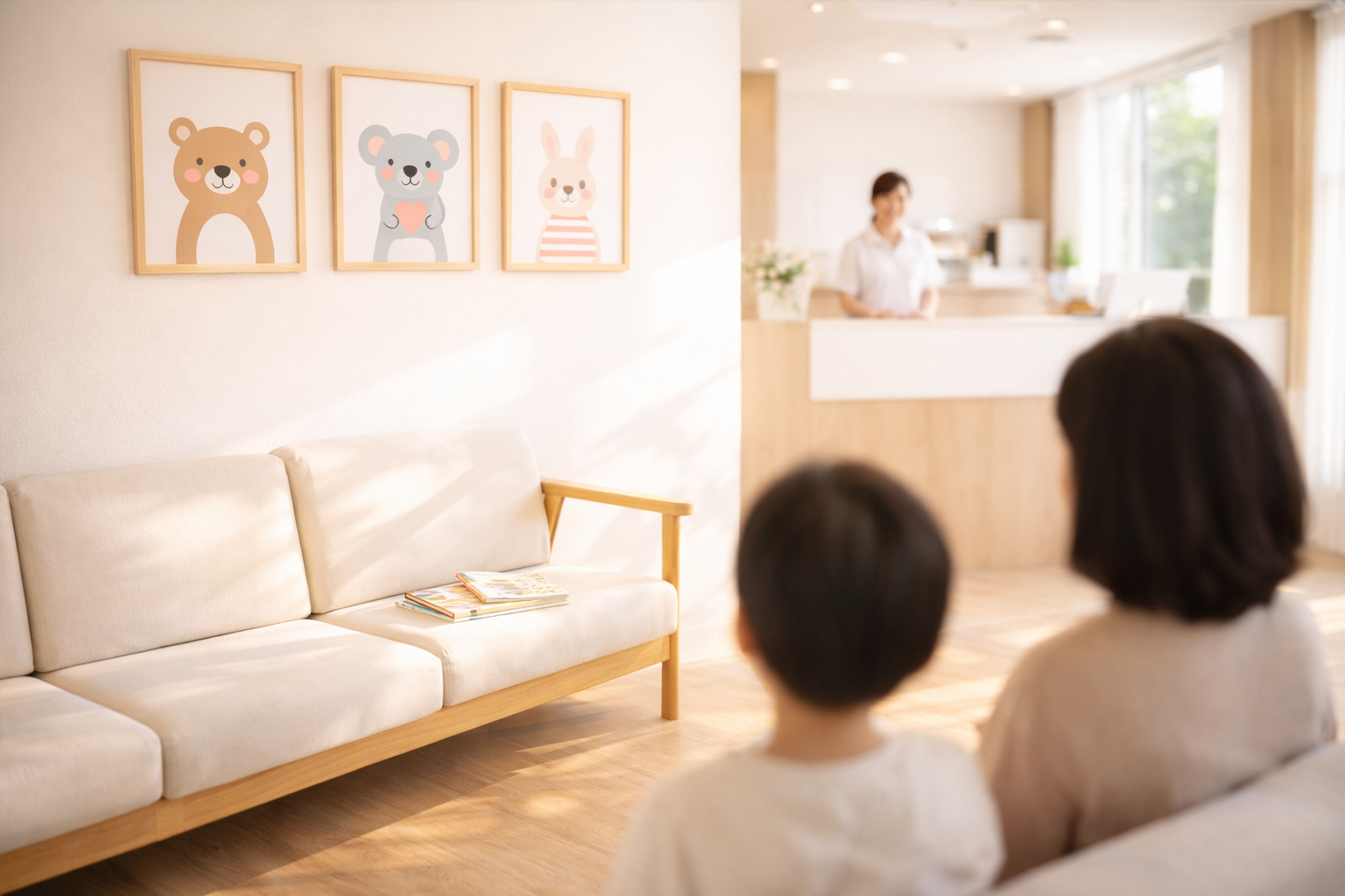 따뜻한 원목 톤과 햇살이 어우러진 깔끔한 소아안과 대기실 전경. 벽에는 귀여운 동물 액자가 걸려 있고 소파에는 어린이 그림책이 놓여 있어 편안한 느낌을 주는 병원 내부 모습.
