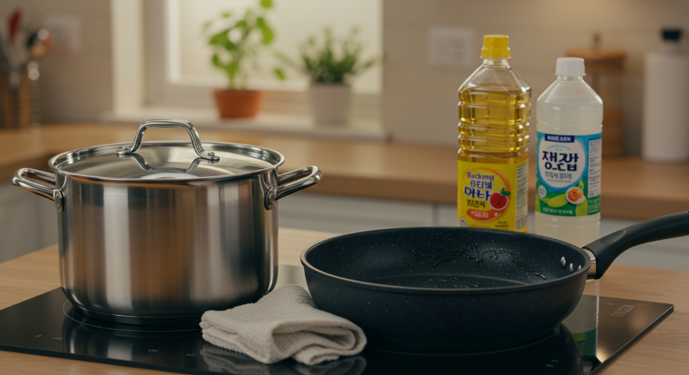 새로 세척한 깨끗한 주방용품과 연마제 제거에 사용되는 식용유, 베이킹소다, 식초가 놓여 있는 모습.