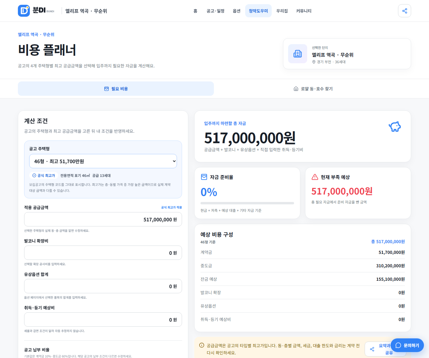 청약 종료 사례인 엘리프 역곡 46형 최고가를 계약금 중도금 잔금으로 나눈 분DI 비용 플래너