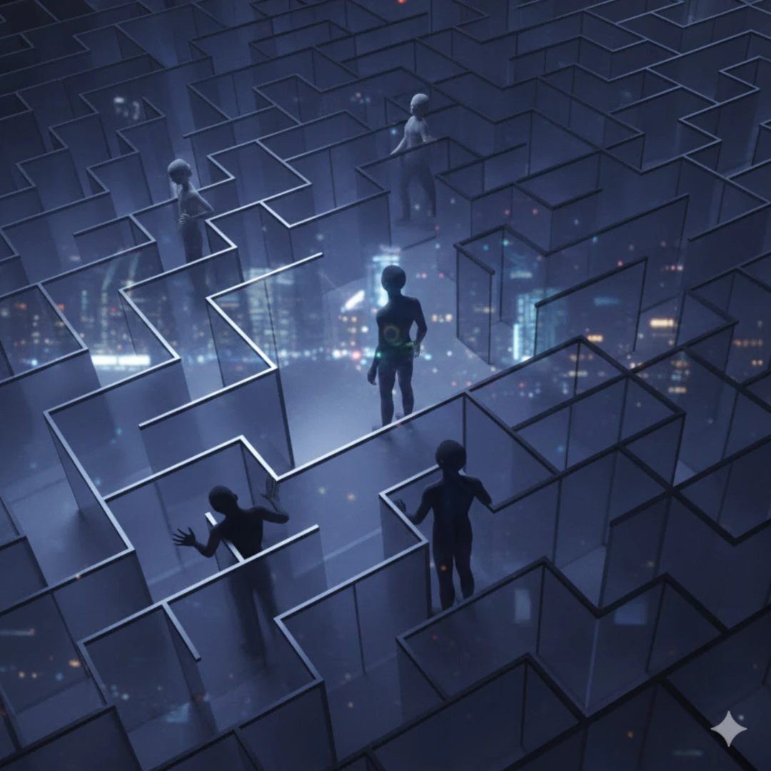 복잡하고 끝없이 이어지는 미로 속에 여러 사람의 실루엣이 서 있습니다. 어떤 이는 길을 찾지 못해 혼란스러워 보이고&amp;#44; 어떤 이는 벽에 부딪혀 막다른 길에 서 있는 듯한 모습입니다. 미로의 벽은 투명하거나 반투명하게 처리하여 답답함 속에서도 외부 세계가 보일 듯 말 듯한 느낌을 줍니다. 약간은 차가운 색감과 복잡한 선들을 사용하여 난이도를 시각화합니다. 