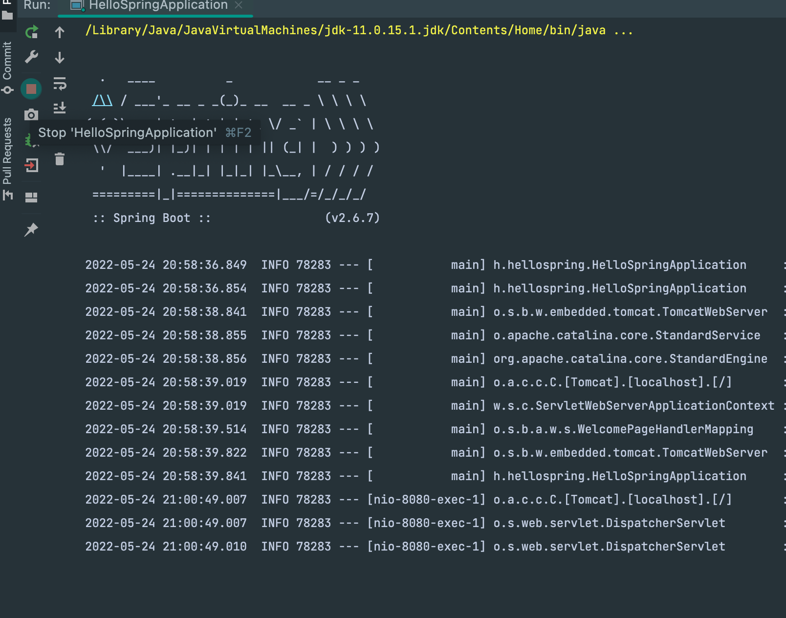 IDE에서 서버 중지 버튼(■)을 눌러 서버 종료하는 화면